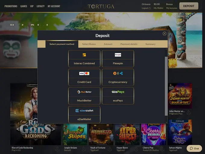 Interface bancaire de Tortuga Casino