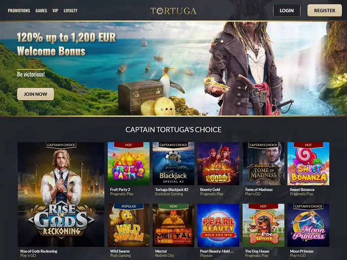 Interface du site Tortuga Casino montrant les jeux et promotions