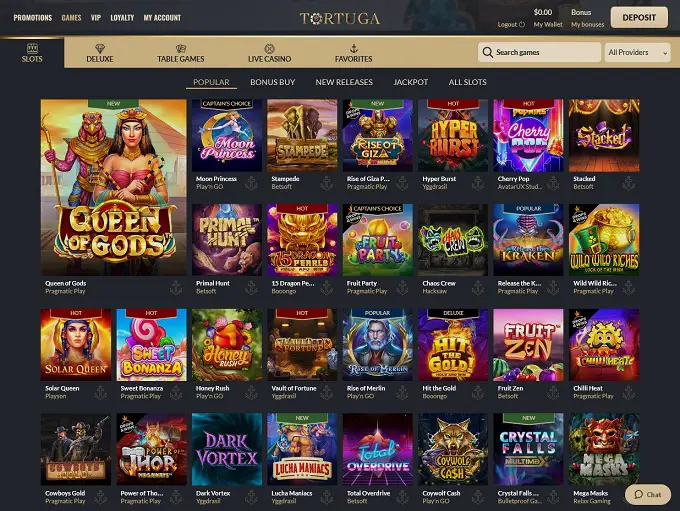 Interface de Tortuga Casino