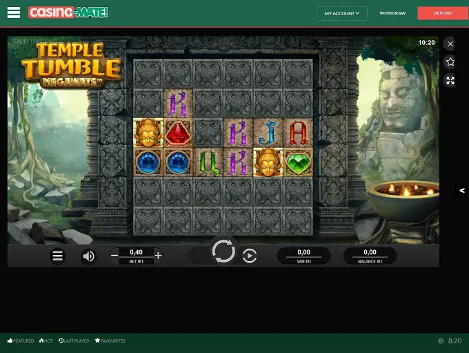 Screenshot of a popular slot game lobby on the Casinomate online platform showcasing various game titles and categories.