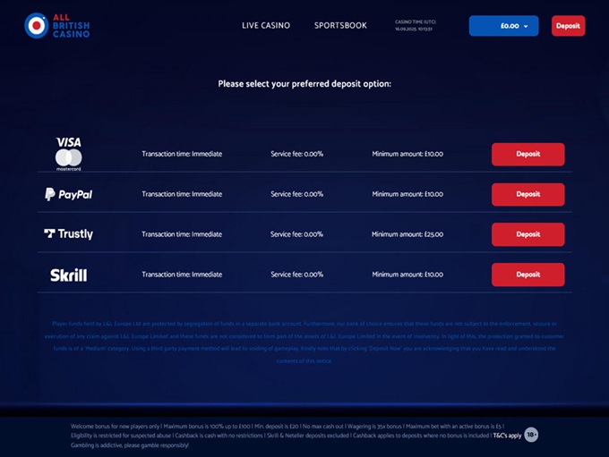 All British Casino 16.09.2025. Bank
