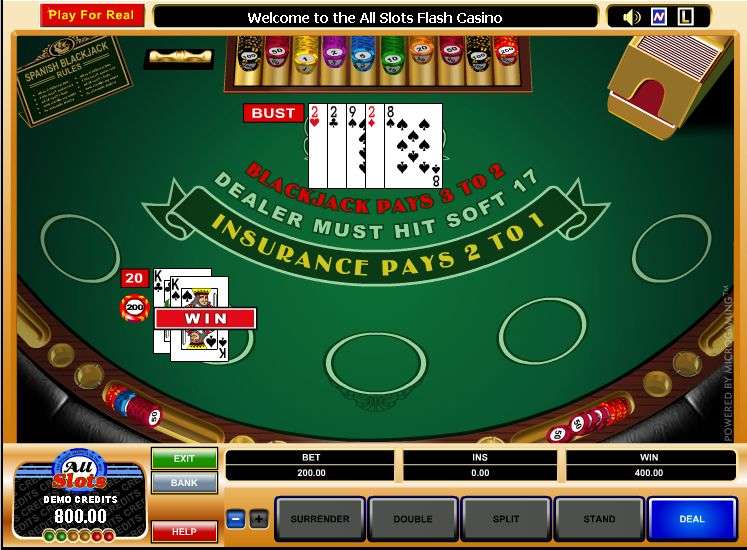 Microgaming Spanish Blackjack historical table: player twenty beats a dealer bust, with 200 wager and 400 returned