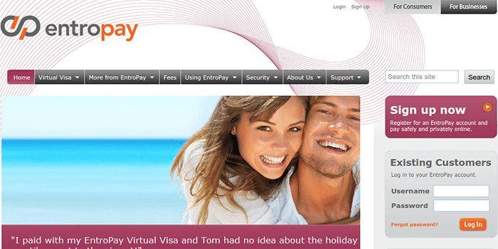 Screenshot of EntroPay Home Page