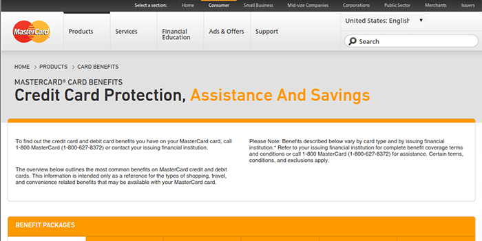 Screenshot of MasterCard Advantages page