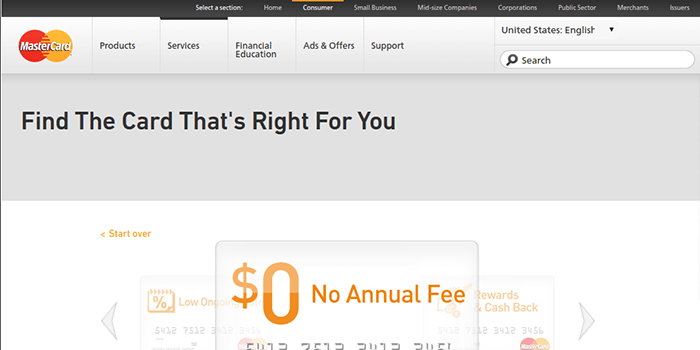 Screenshot of MasterCard Types and differences page