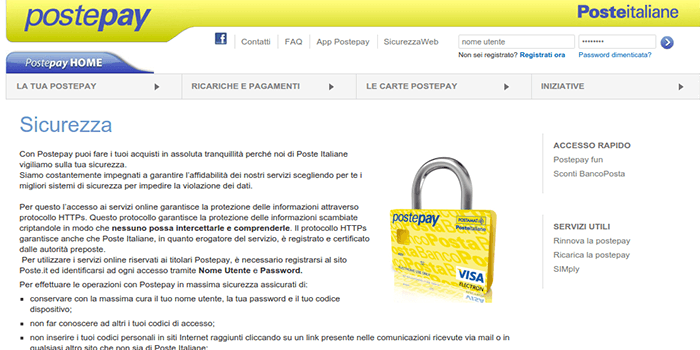 Screenshot of PostePay Security Page